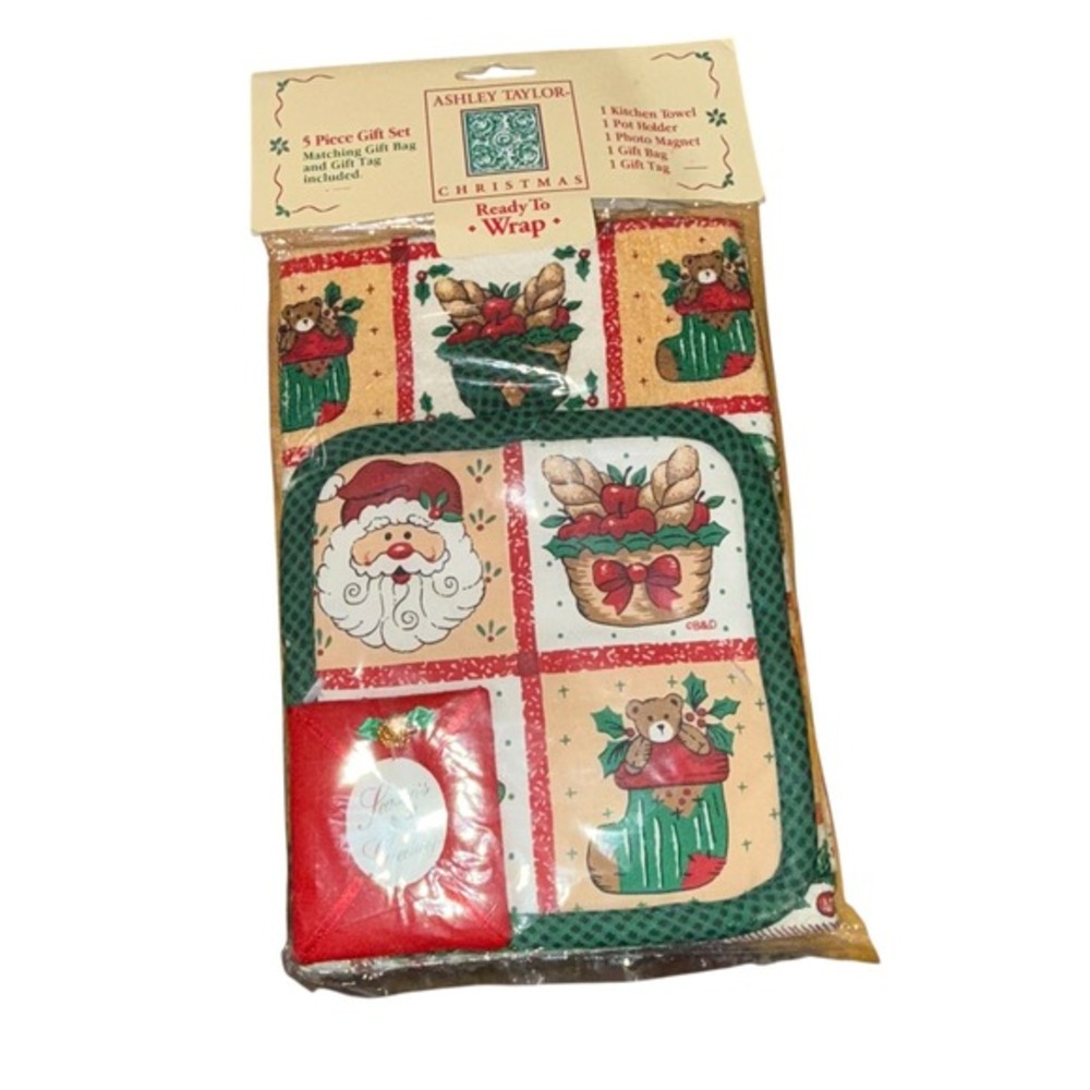 NEW Vtg.‎ Ashley Taylor Christmas 5 Pc Gift Set Kitchen Towel Pot Holder Magnet